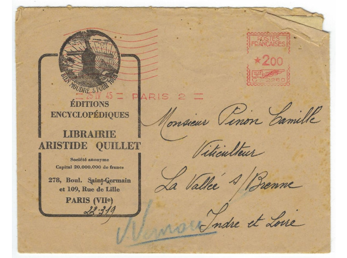 LETTRE FRANCE 2 FRANCS 25 04 1945 PARIS 2