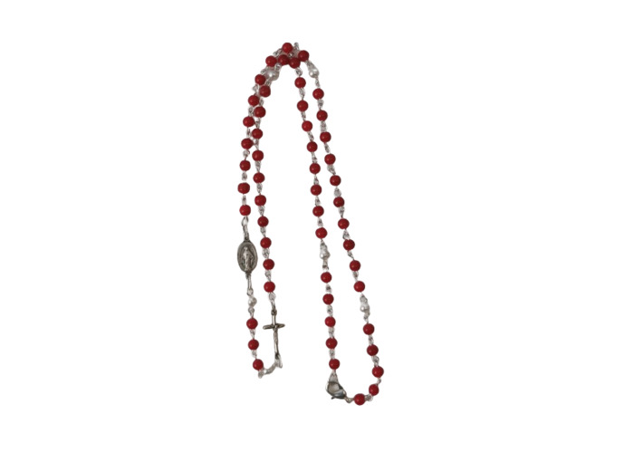Collier Perles 4mm Croix + Médaille MIRACULEUSE - ROUGE