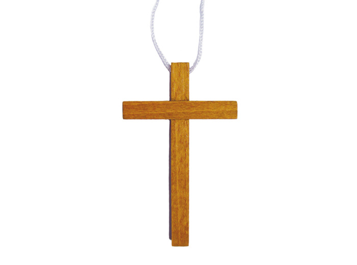 Croix d'Aube en bois ton CHÊNE MOYEN 9cm avec cordon Blanc