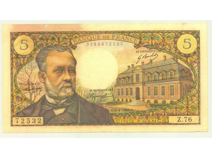 FRANCE 5 FRANCS PASTEUR Serie Z.76 Tache 04 04 1968  TTB-