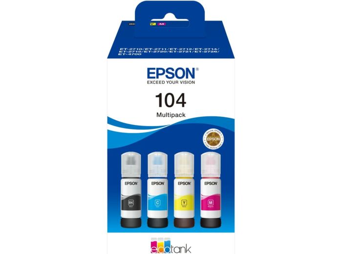 Epson Multipack 104 EcoTank, Bouteilles d'encre d'origine, 4 couleurs : Noir, Cyan, Magenta, Jaune, ET-1810 ET-2710 ET-2711 ET-2712 ET-2810 ET-2811 ET-2812 ET-2720 ET-2820 ET-2821 ET-4700 ET-4800 Unique