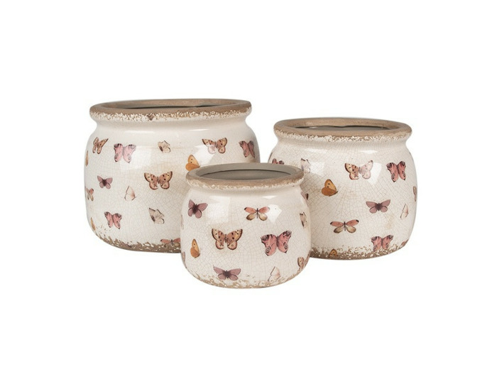 Pot de fleurs d'intérieur beige à papillons 16x13cm