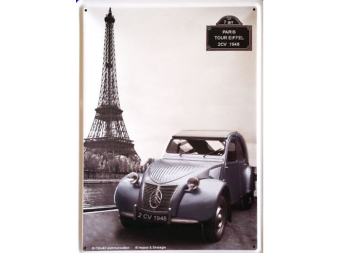 Plaque métal Citroën 2CV Tour Eiffel, 40x30 cm. Décoration vintage - Citroen