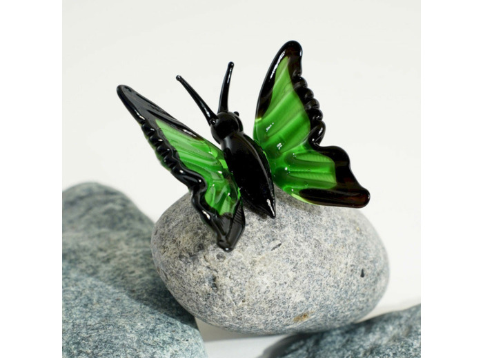 Figurine Miniature Papillon Vert Noir Verre 6x4x4cm