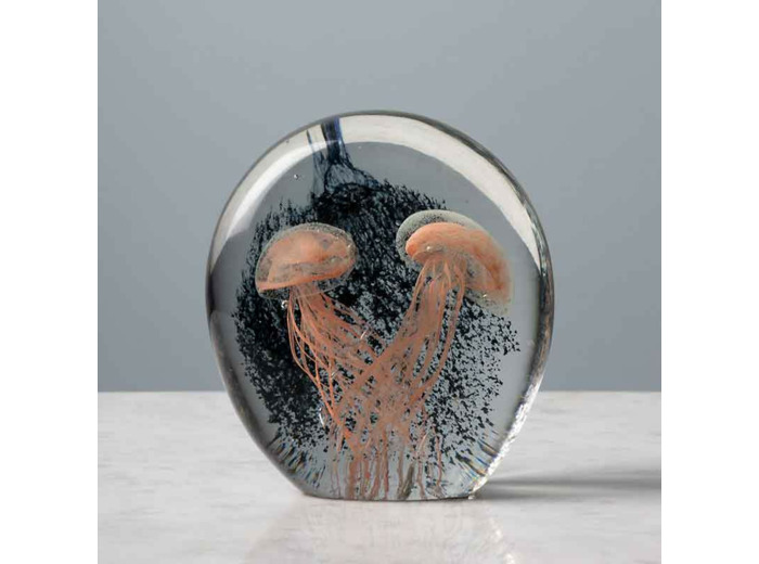 Sulfure aplatie 2 méduses roses verre 12x11x6cm