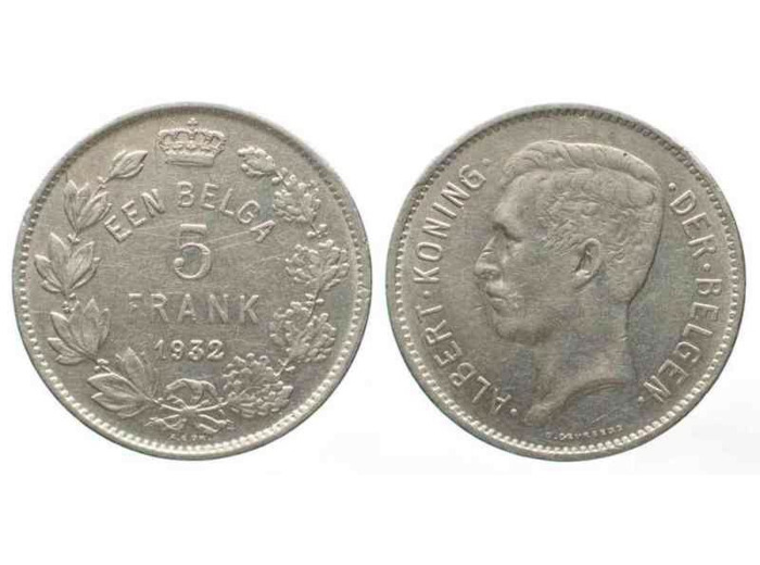 BELGIQUE 5 FRANCS (1 BELGA) 1932 FL TB+