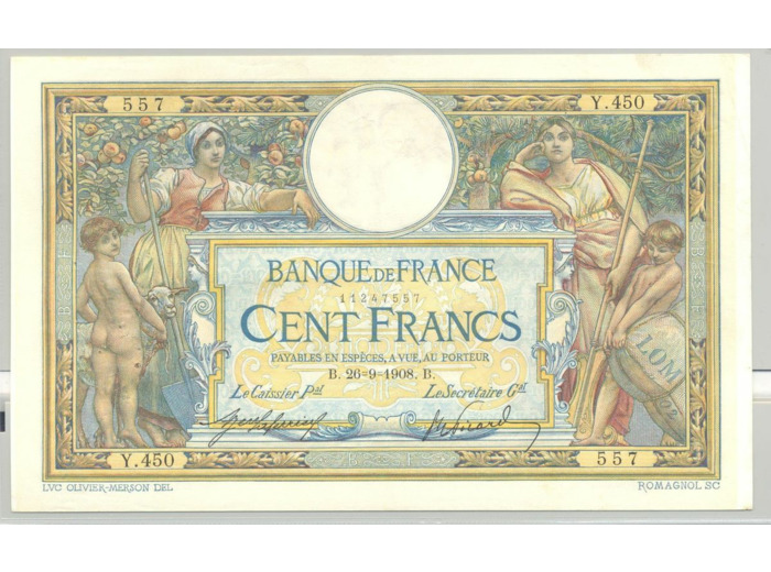 FRANCE 100 FRANCS L.O.M avec LOM SERIE Y.450 26-9-1908 TTB+