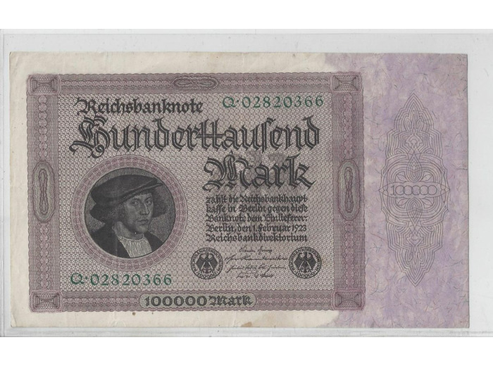 ALLEMAGNE 100000  MARK  Lettre Q  01 02 1923 TTB