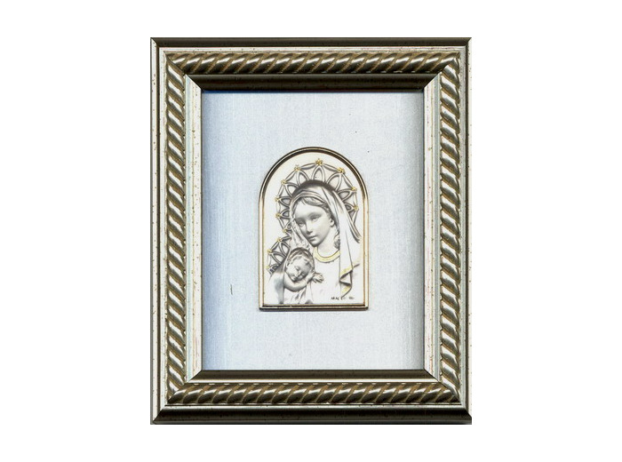 Cadre argenté tressé 14.5x12.5cm plaque argent ogive Vierge+enfant