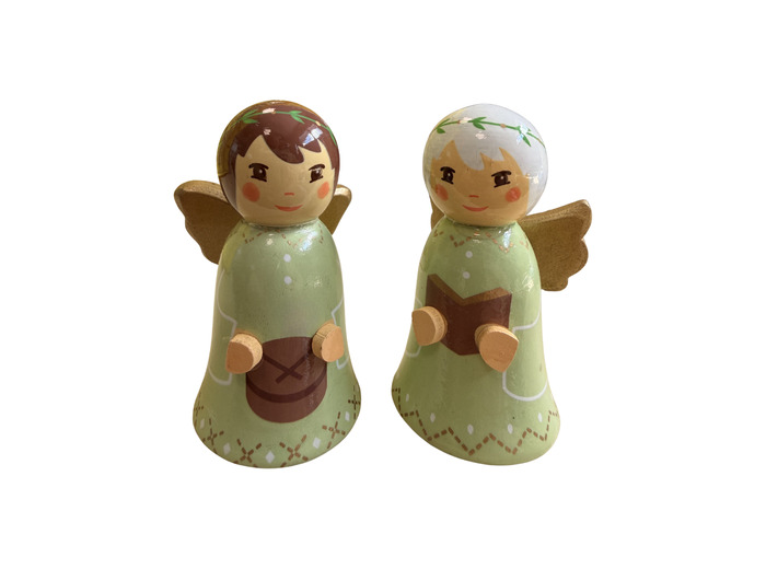 2 Anges en bois tourné Vert 7cm  - Tambour + Livre