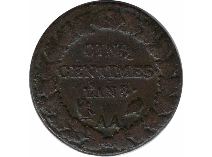 FRANCE 5 CENTIMES DUPRE AN 8 AA (Metz) TB 9gr70