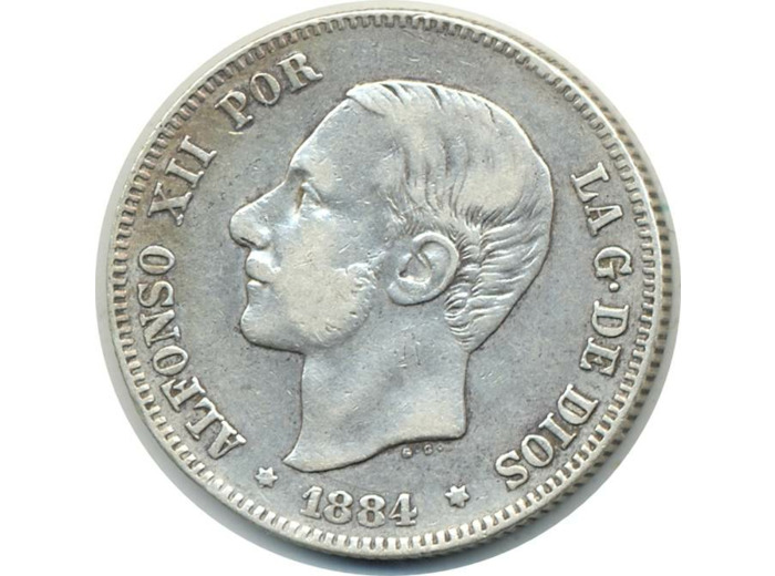 ESPAGNE 2 PESETAS 1884 (84) MSM ALFONSO XII TB+ (W678.2)