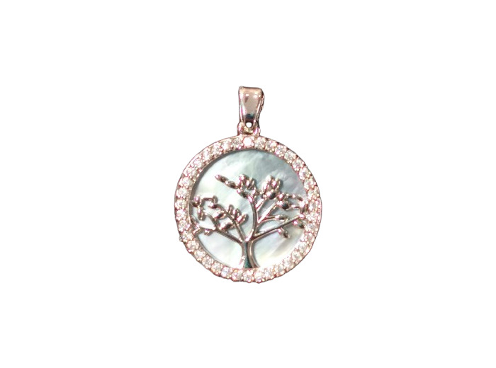 Pendentif en Nacre / Argenté 18mm - ARBRE DE VIE