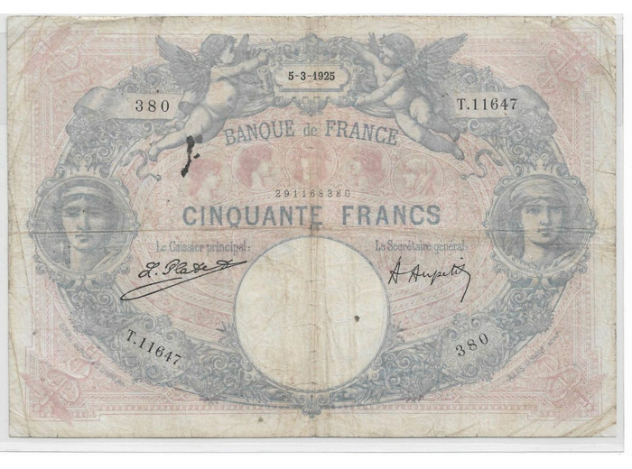 FRANCE 50 FRANCS BLEU ET ROSE SERIE T.11647 5-3-1925 TB+