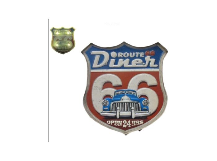 Plaque métal type enseigne lumineuse "Diner Route 66" - 28.5 x 30.5 x 3 cm - Décoration US, Bar, Pub, Garage