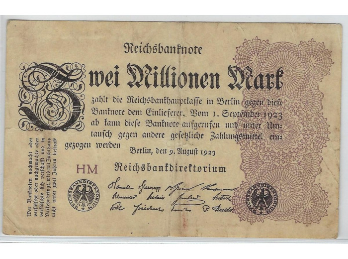 ALLEMAGNE 2 MILLION MARK (2000000 MARK) 9 AOUT 1923 SERIE HM TTB