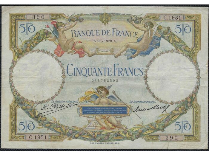 FRANCE 50 FRANCS L.O. MERSON 9-3-1928 C.1951 TB+