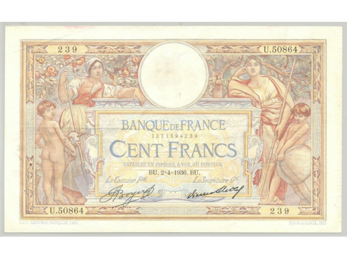 FRANCE 100 FRANCS MERSON SANS LOM SERIE U.50854 2-4-1936 TTB+