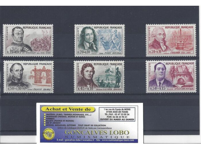 YVERT 1295 a 1300 CELEBRITES 1961 Serie 6 Timbres NEUF