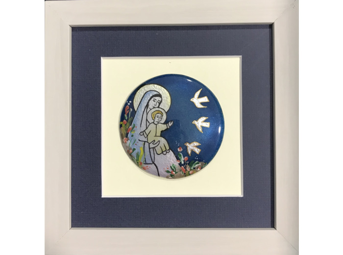 CADRE gris avec VIERGE AUX OISEAUX 14,5x14,5cm - EMAUX DU LIBAN