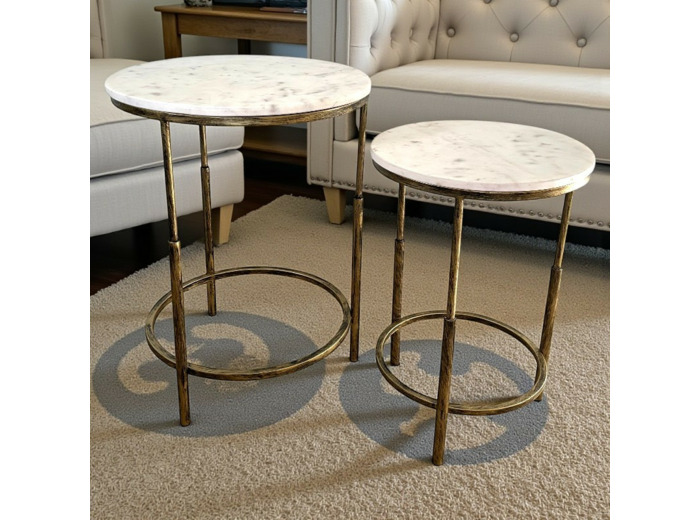 Ensemble de 2 tables basses doré vieilli marbre blanc 46x61cm