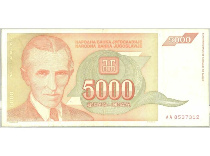 YOUGOSLAVIE 5000 DINARA 1993 SERIE AA TTB