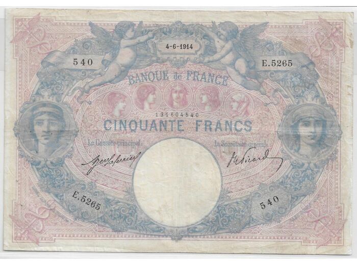 FRANCE 50 FRANCS BLEU ET ROSE SERIE E.5265 4-6-1914 TB+