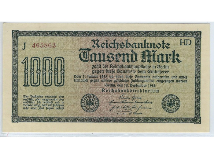 ALLEMAGNE 1000 MARK 15 SEPTEMBRE 1922 SERIE J SUP
