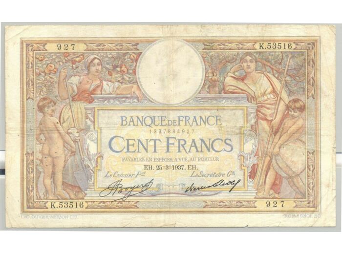 FRANCE 100 FRANCS MERSON SANS LOM SERIE K.53516 25-3-1937 TB+