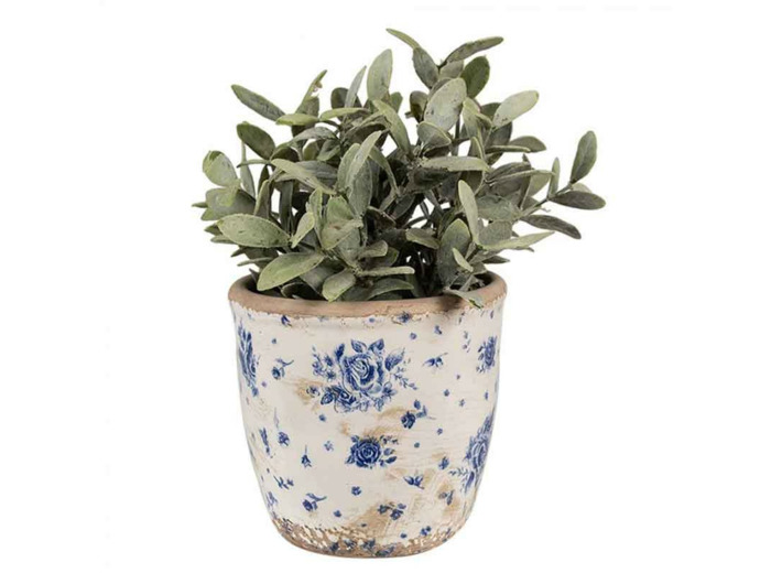 Pot céramique motif floral beige bleu 12x13x13cm