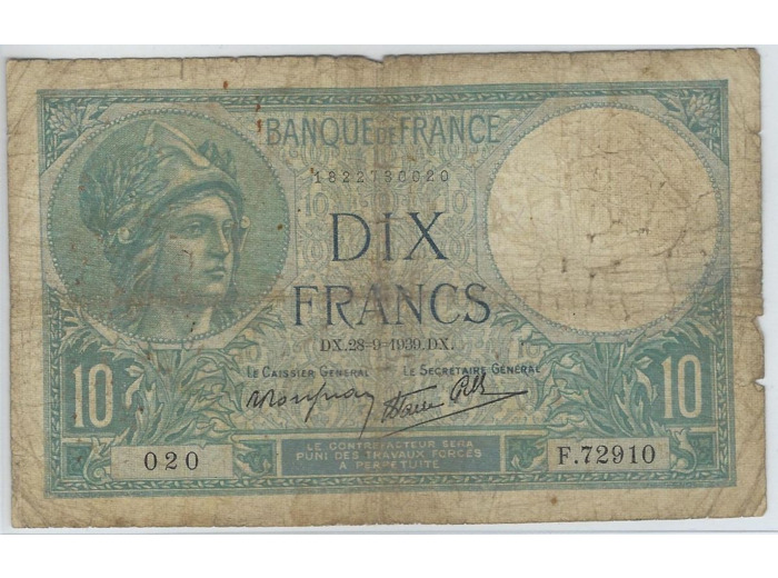 FRANCE 10 FRANCS MINERVE 28-9-1939 SERIE F.72910 TB