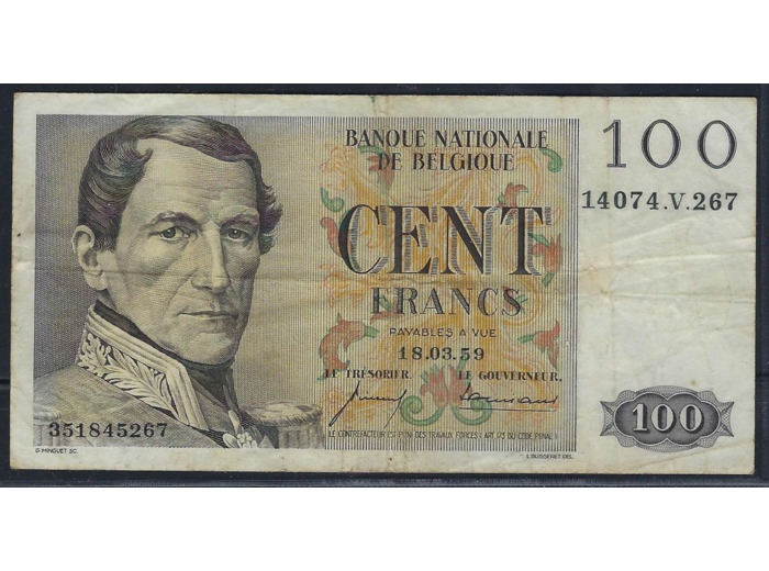 BELGIQUE 100 FRANCS 18.03.59 1959 V.267 TB+
