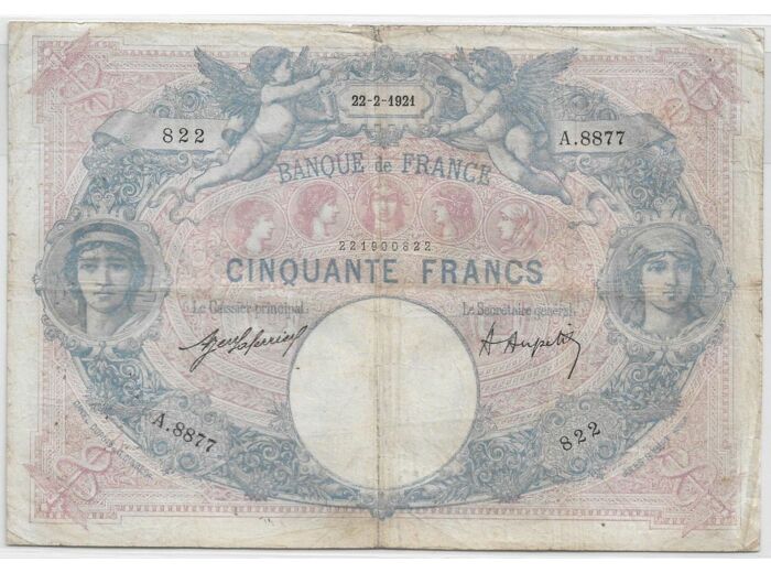 FRANCE 50 FRANCS BLEU ET ROSE SERIE A.8877 22-2-1921 TB+