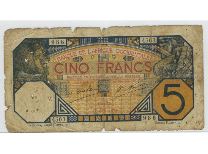 B.A.O. BANQUE DE L'AFRIQUE OCCIDENTALE (DAKAR) 5 FRANCS 16-05-1929 C4503 B+