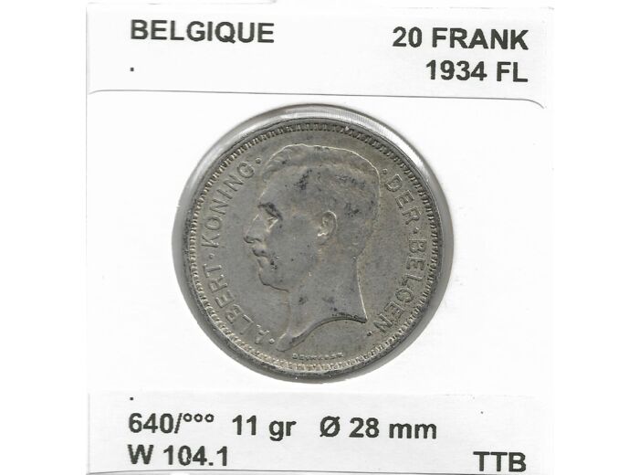 Belgique 20 FRANK 1934 FL TTB