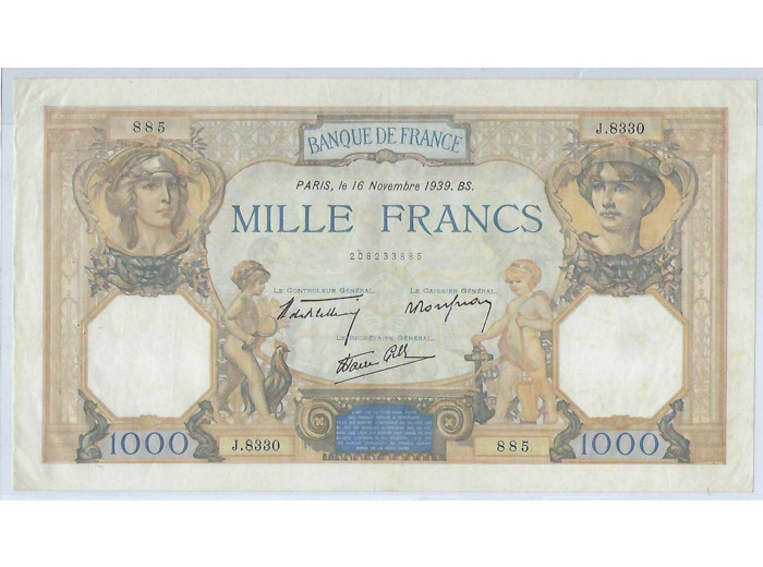 FRANCE 1000 FRANCS CERES ET MERCURE 16 11 1939 SERIE J.8330 TTB+