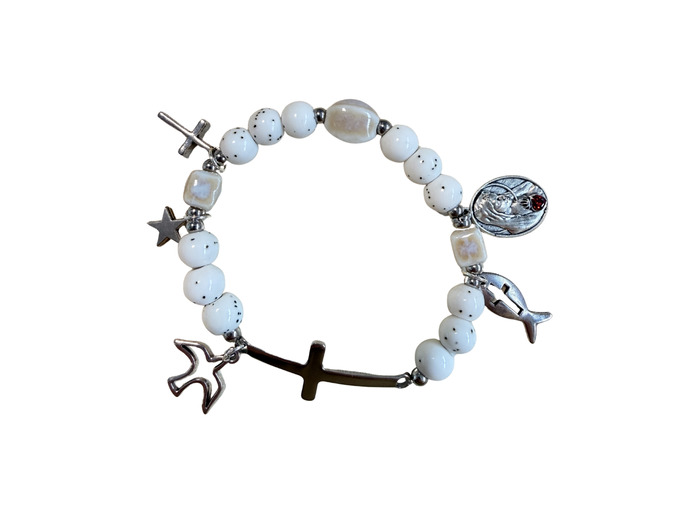 Bracelet élastique 8mm céramique avec médaille - Sacré Coeur de Marie
