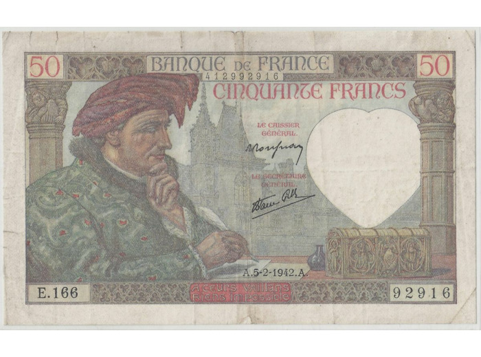 FRANCE 50 FRANCS JACQUES COEUR 05/02/1942 TB+ E.166