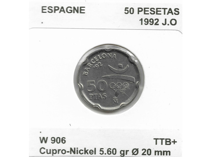 ESPAGNE 50 PESETAS JO 1992 TTB+