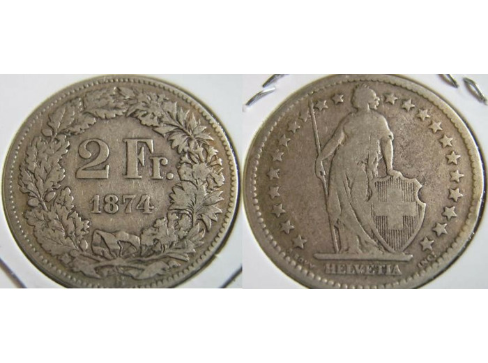 SUISSE 2 FRANCS 1874 B TB+