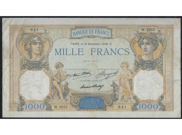 FRANCE 1000 FRANCS CERES ET MERCURE 19 NOVEMBRE 1936 W.2655 TB+