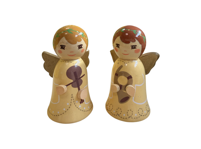2 Anges en bois tourné Jaune 7cm  - Cor + Violon