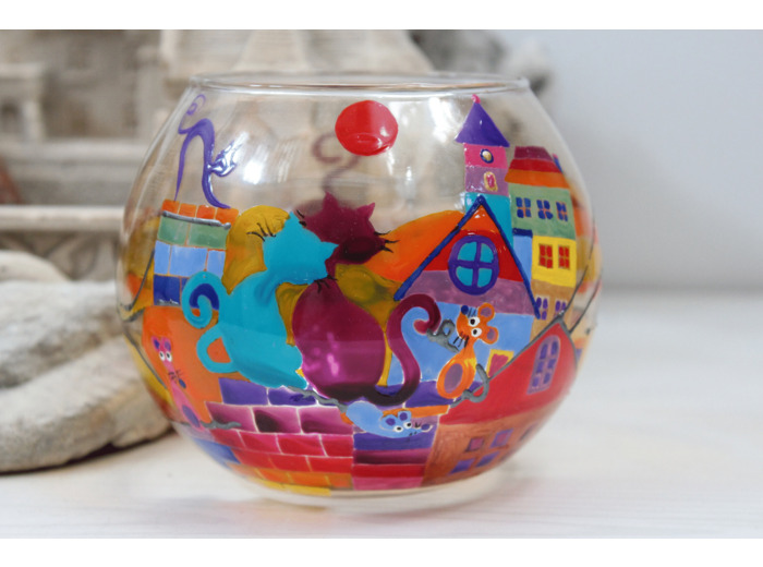 Joli photophore peint à la main sur le thème des chats objet artisanale et unique très coloré