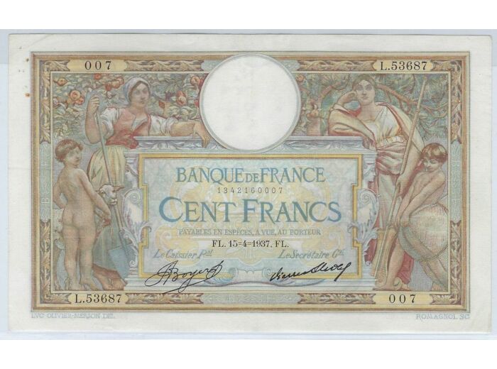 FRANCE 100 FRANCS MERSON SANS LOM 15-4-1937 L.53687 TTB+