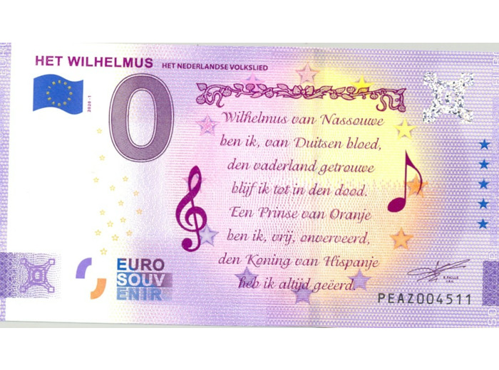 PAYS BAS 2020-1 HET WILHELMUS VERSION ANNIVERSAIRE BILLET SOUVENIR 0 EURO