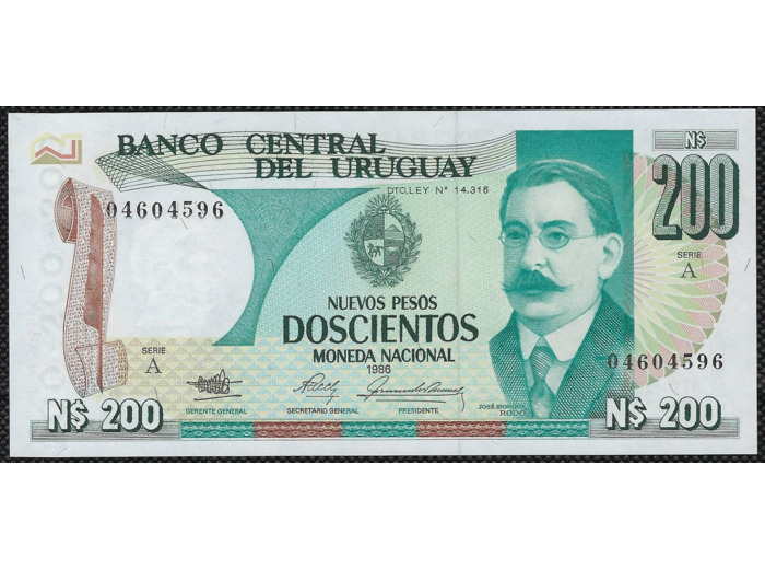 URUGUAY 200 NOUVEAUX PESOS 1986 SERIE A NEUF W66