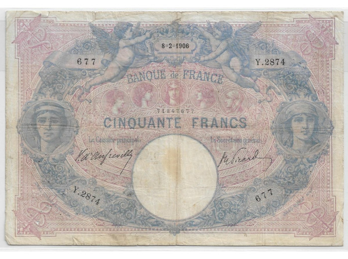 FRANCE 50 FRANCS BLEU ET ROSE SERIE Y.2874  8-2-1906 TB