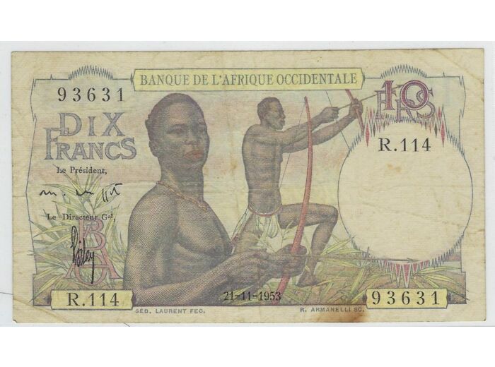B.A.O. BANQUE DE L'AFRIQUE OCCIDENTALE 10 FRANCS 21-11-1953 SERIE R114 TB+