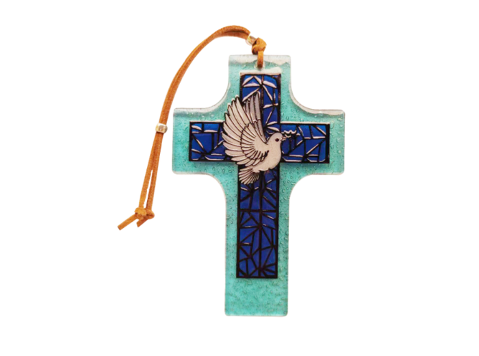 Croix en verre 8x12cm- COLOMBE + CROIX-VITRAIL bleue