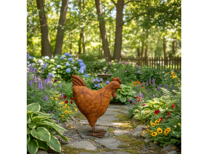 Statuette poule décorative fer rouille 17x7x20cm